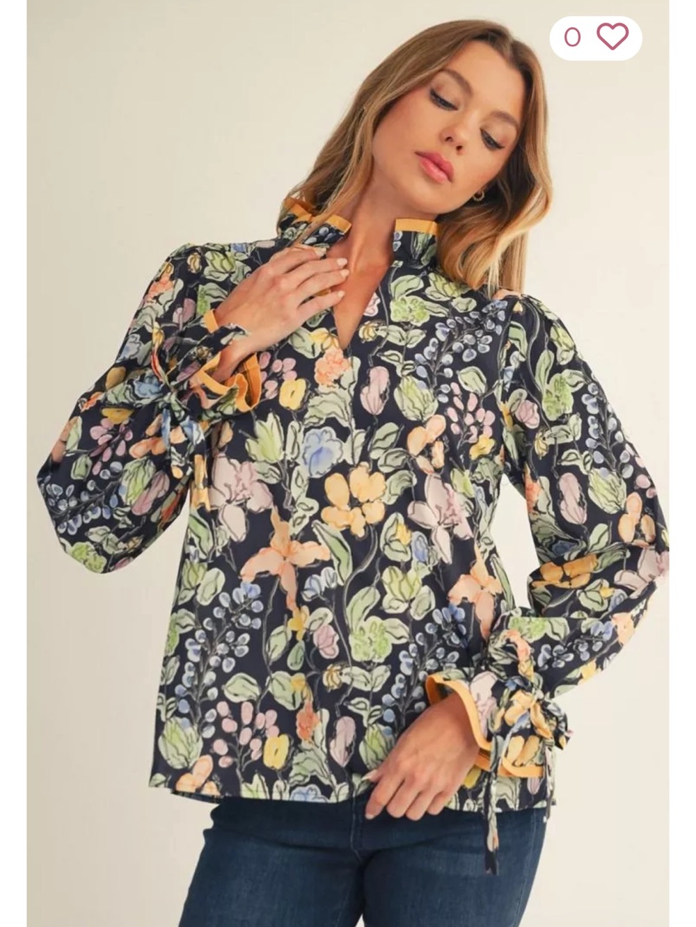 JODIFL Black Floral Ruffle-Neck Long Sleeve Blouse